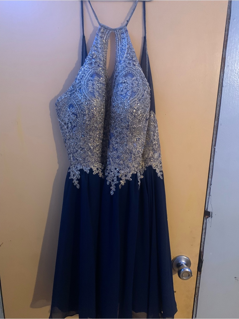 Navy Blue Prom Dress with Silver Beaded Bodice